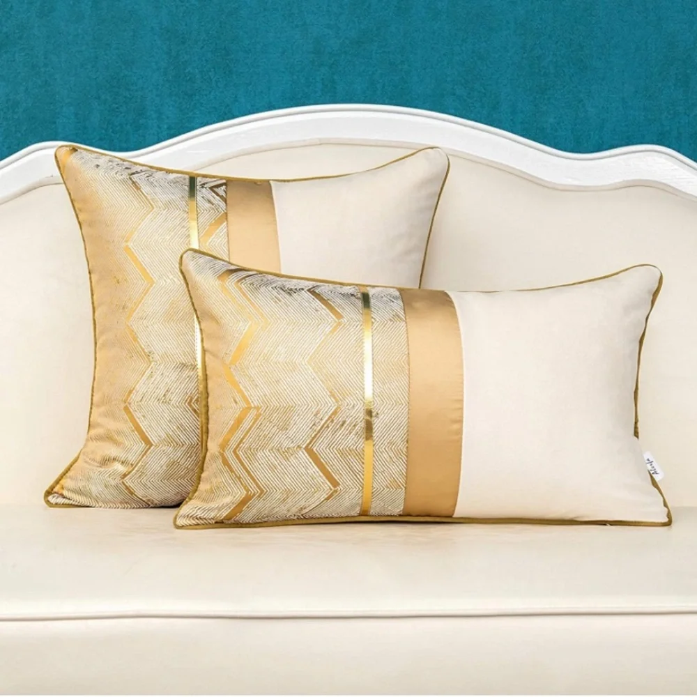 Luxury Home | Elegant Gold & Ivory Geo Design Color Blocked Lumbar Pillow Cover